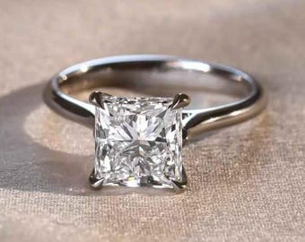 2ct Solitaire Moissanite Ring in 14k White Gold, Princess Cut Solitaire Engagement Ring, Vintage Cathedral Set Wedding Ring, Proposal Gifts