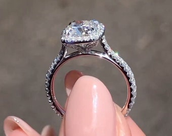 Vintage Cathedral Setting Moissanite Ring,Cushion Cut Moissanite Engagement Ring,Basket Set Pave Eternity Wedding Ring,Moissanite Halo Ring