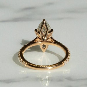 Antique Tulip Setting Engagement Ring, 2.10ct Marquise Cut Moissanite Ring, Classic 6 Petal Prong Ring, Rose Gold Cathedral Set Floral Ring