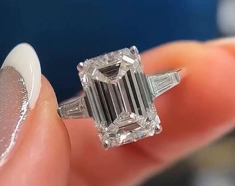 Emerald Cut Three Stone Ring, 3 Ct Emerald Cut Moissanite Engagement Ring, Side Tapered Baguette Cut, Proposal Anniversary Gifts For Her