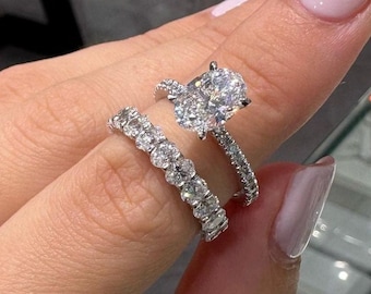 1.50 CT Oval Cut Moissanite Engagement Ring Set Solid Gold 14k Wedding Ring Set Unique 3/4 Eternity Stackable Ring Oval Bridal Ring Set