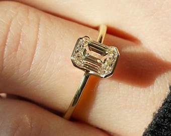 Half Bezel Set Emerald Cut Moissanite Engagement Ring, Forever One Emerald Cut Solitaire Ring, Modern Proposal Ring For Her Yellow Gold Ring