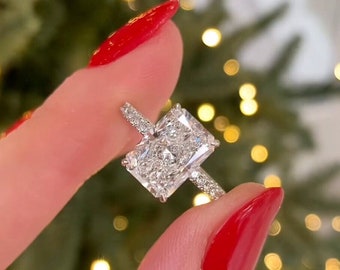 3 carat Radiant Cut Moissanite Hidden Halo Pave Engagement Ring in 10k, 14k, 18k White Gold, 4 Prong Set Large Stone Diamond Wedding Ring