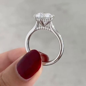 Vintage Cathedral Setting Engagement Ring, Large 3.50 CT Round Cut Solitaire Moissanite Ring, Hidden Pave Bridge Ring, Bridal Promise Ring