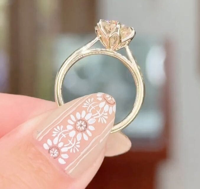 Antique Cathedral Setting Engagement Ring, Petal 6 Prong Round Cut