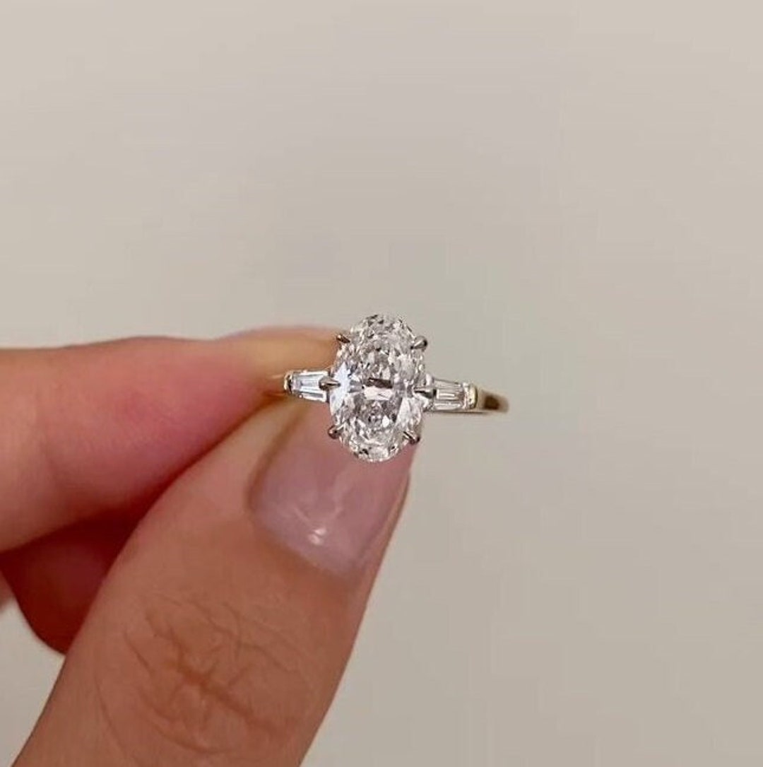 Three Stone Oval Moissanite Engagement Ring Side Stone Tapered