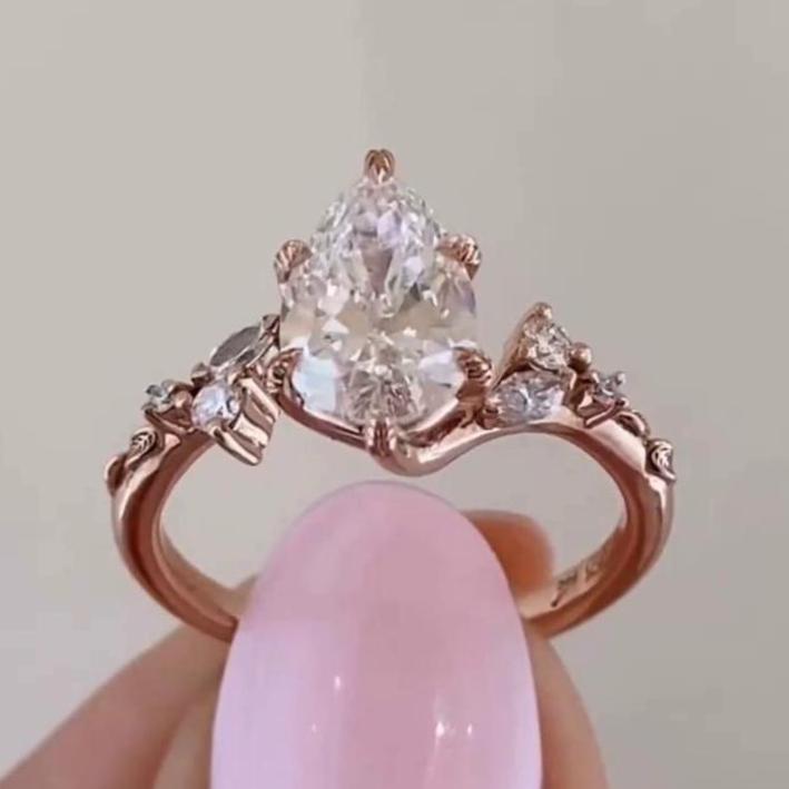 ペアカットモアッサナイトエンゲージリング、14Kソリッドローズ