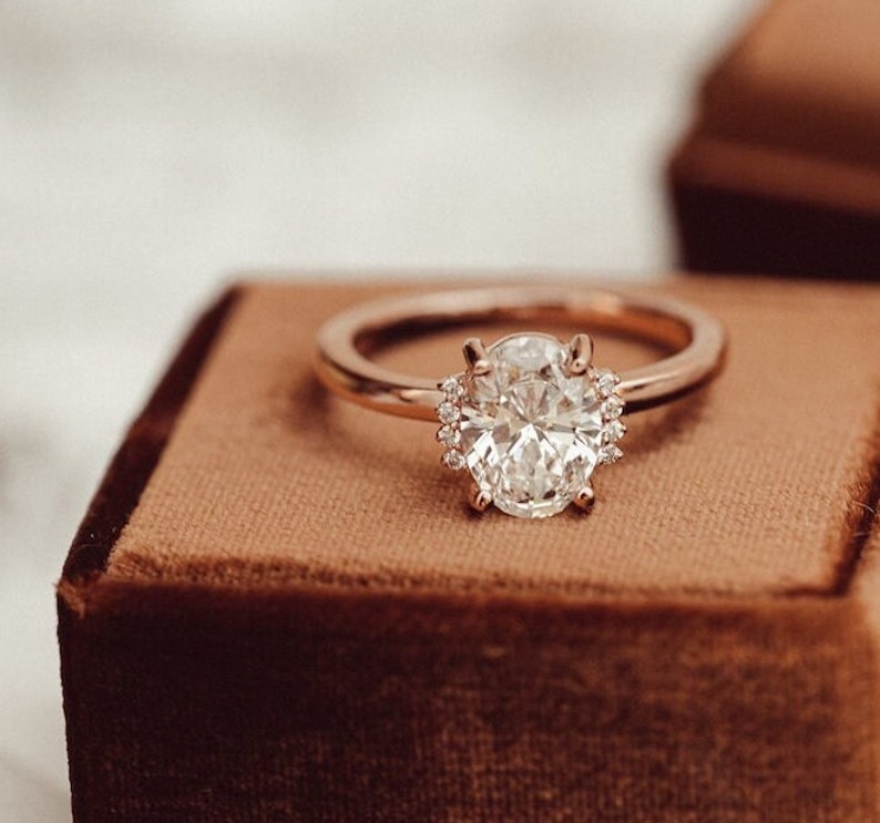 Oval Moissanite Promise Ring, 2ct Oval Engagement Moissanite Ring, 14k Rose Gold Diamond Cluster Ring, Vintage Wedding Bridal Custom Ring image 4