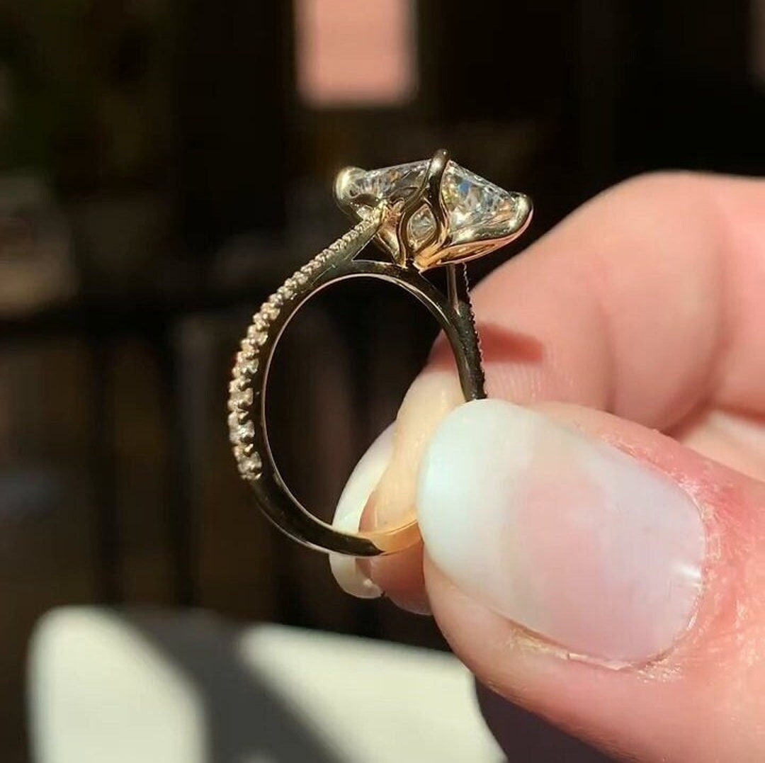 Vintage Tulip Setting Flower Radiant Cut Engagement Ring Radiant Cut Moissanite Big Diamond Ring Cathedral Petal Prong Set Engagement Ring Etsy UK