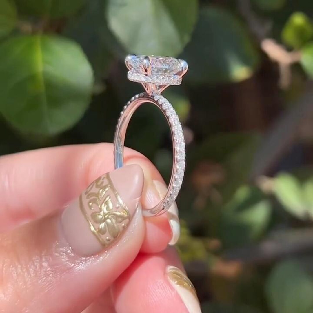 2ct Oval Cut Moissanite Engagement Ring, 14k Gold Hidden Halo Wedding ...