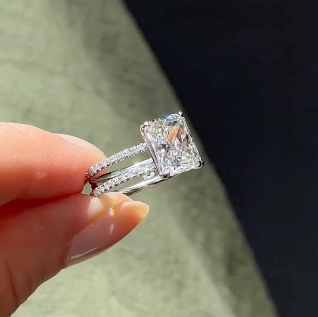 Stunning Radiant Cut Moissanite Engagement Ring, Double Band Pave ...