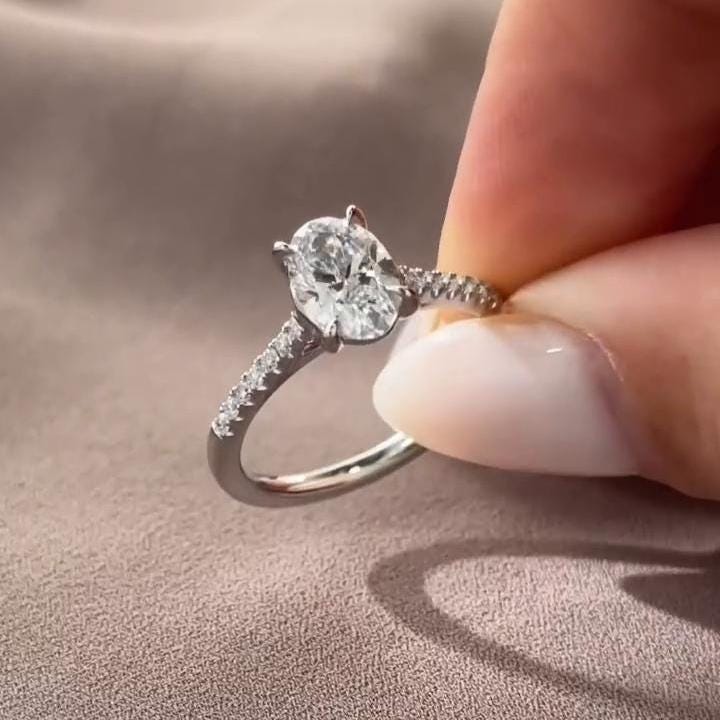 Oval Cut Moissanite Engagement Ring, Cathedral Set 14k White Gold Pave Side Stone Ring, Oval Promise Wedding Ring For Her, Anniversary Gifts