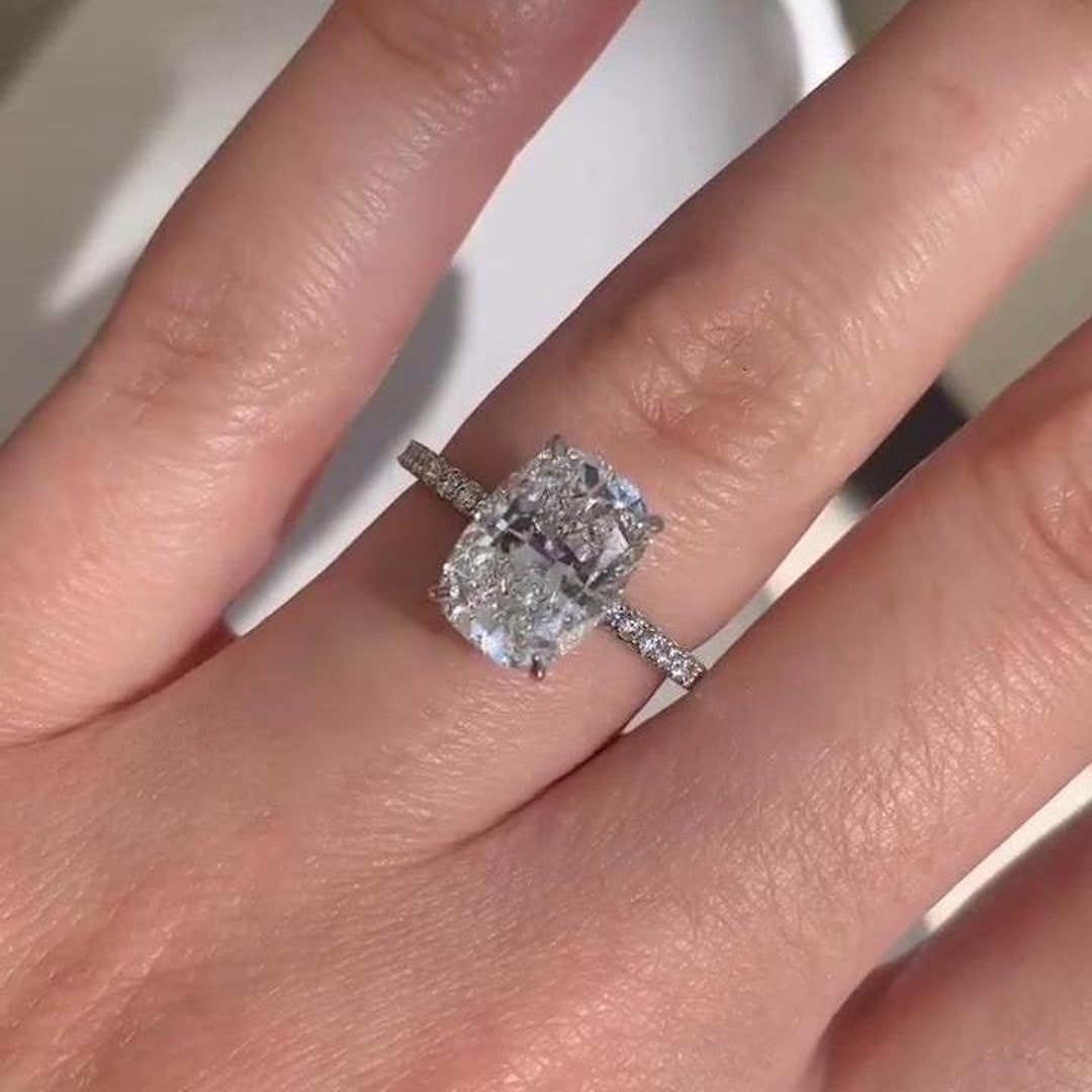 Elongated Cushion Cut Moissanite Engagement Ring 14k White Gold Pave ...