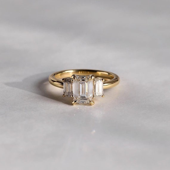 Stone Emerald Cut Moissanite Engagement Ring, Vintage Basket