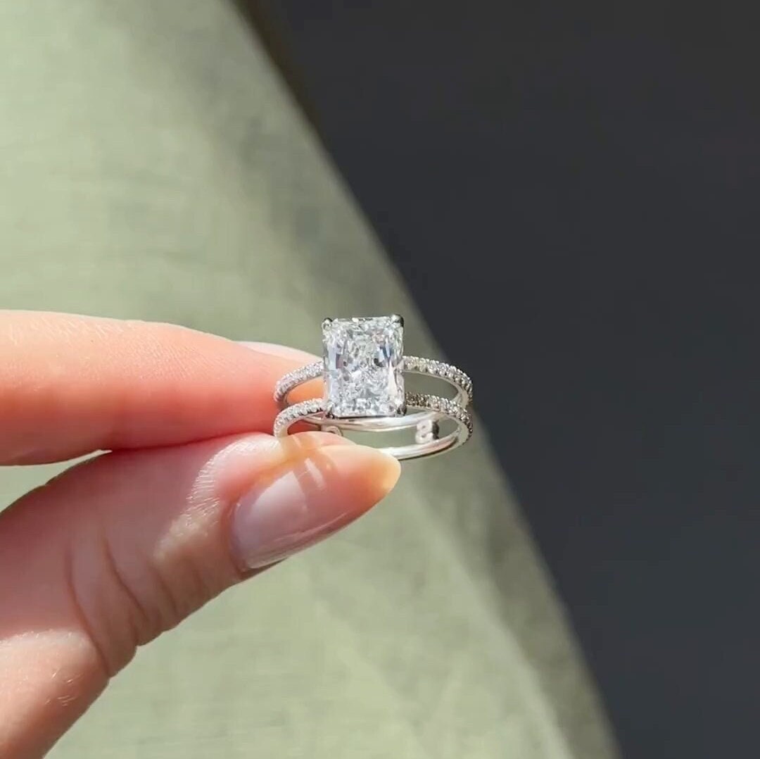 Stunning Radiant Cut Moissanite Engagement Ring, Double Band Pave ...