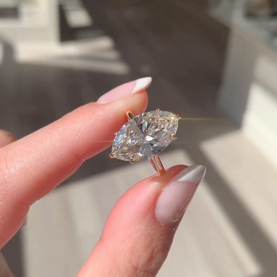Marquise Moissanite Engagement Ring, Vintage Cathedral Setting Engagement Ring, Hidden Halo Yellow Gold Wedding Ring, Large Moissanite Ring
