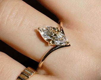 Unique Marquise Cut Colorless Moissanite Engagement Ring, Classic Basket Setting Ring, 14k Yellow Gold V Shape Plain Band Solitaire Ring