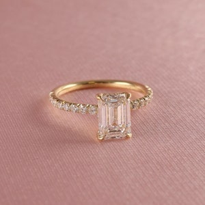 2CT Emerald Cut Moissanite Engagement Ring with Hidden Halo, 10k/14k/18k Solid Gold Band Half Eternity Wedding Vintage Ring for Women