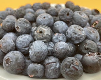 May include: A large pile of fresh blueberries with deep blue and purple skins, featuring wrinkled textures and small circular indentations at the top, arranged in a heap on a white plate with a smooth, rounded edge and a clean surface.