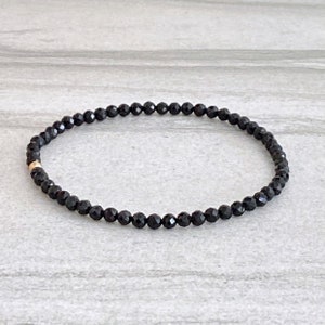 Dainty Faceted Black Tourmaline Bracelet, 14k Gold or Sterling | 3.5 Faceted Gemstone Bracelet | Skinny Stacking Bracelet for Women, Men