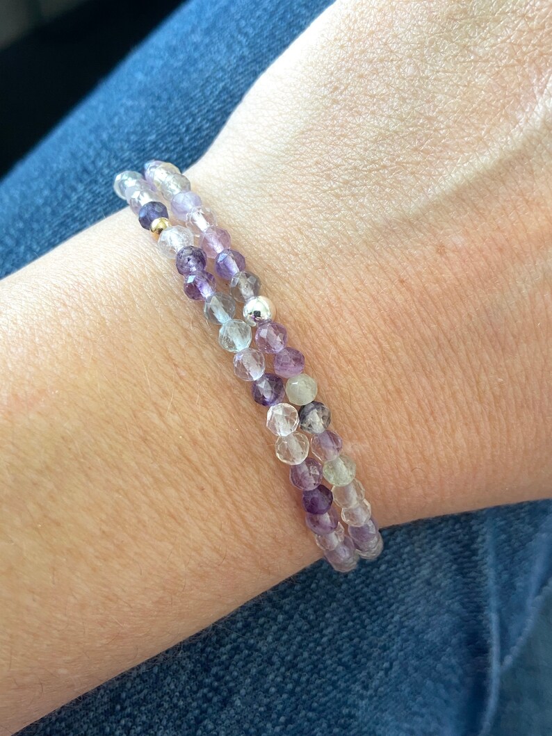 Tiny Gem Bracelet Intuition Stability 4mm Dainty Faceted Fluorite Bracelet w Sterling Silver or 14k Gold Accent Bead Spirituality