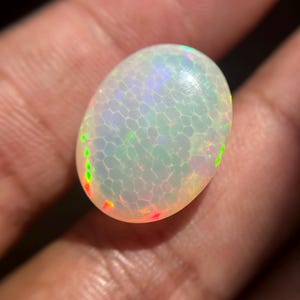 May include: An oval-shaped cabochon opal gemstone featuring a translucent white base with a distinct honeycomb pattern. The stone displays vibrant flashes of green, blue, and orange play-of-color throughout its polished, smooth, and rounded surface.
