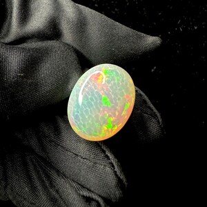 May include: An oval-shaped cabochon opal gemstone featuring a translucent white base with a distinct honeycomb pattern. The stone displays vibrant flashes of green, orange, and red play-of-color across its smooth, polished, and domed surface.