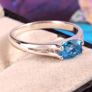 East West Swiss Blue Topaz Ring 925 Silver December Birthstone Solitaire Gift for Her