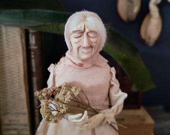 Spirit of nature old woman with flowers art doll