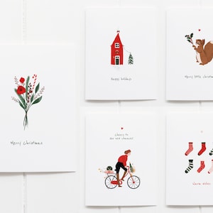 Christmas card set with 5 greeting cards and envelopes | Hand-drawn Christmas cards with illustrations