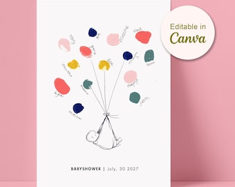 Plantilla para libro de firmas con huellas dactilares para baby shower | Cartel editable en Canva | Póster imprimible para baby shower