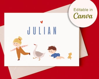 Plantilla de Canva para anuncio de nacimiento | Tarjeta de bebé | Hermano y hermana | Tarjeta de nacimiento neutra | Descarga digital instantánea | Tarjeta editable