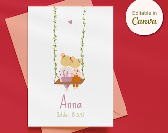 Plantilla editable de anuncio de nacimiento en Canva | Tarjeta minimalista para bebé | Ilustración de columpio | Tarjeta de nacimiento para niña y niño en tonos neutros | Descarga instantánea