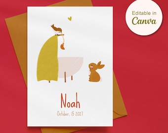 Plantilla editable de anuncio de nacimiento en Canva | Tarjeta minimalista para bebé | Ilustración de animales de cuna | Tarjeta de nacimiento neutra para niña o niño | Descarga instantánea