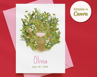 Plantilla editable para anuncio de nacimiento en Canva | Tarjeta minimalista para bebé | Ilustración de prado floral | Tarjeta de nacimiento para niña en tonos neutros | Descarga instantánea