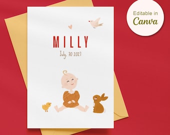 Plantilla editable de anuncio de nacimiento en Canva | Tarjeta de bebé | Ilustración de niña | Tarjeta de nacimiento para niña en tonos neutros | Descarga instantánea | animales