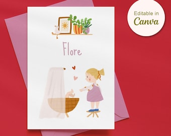 Plantilla editable de anuncio de nacimiento en Canva | Tarjeta minimalista para bebé | Ilustración de cuna de hermana mayor | Tarjeta de nacimiento para niña en tonos neutros | Descarga instantánea