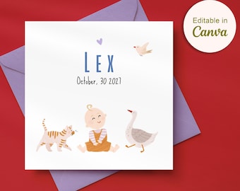 Plantilla editable para anuncio de nacimiento en Canva | Tarjeta minimalista para bebé | Ilustración de animales | Tarjeta de nacimiento para niño en tonos neutros | Descarga instantánea