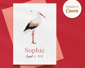 Plantilla editable para anuncio de nacimiento en Canva | Tarjeta minimalista para bebé | Ilustración de cigüeña | Tarjeta de nacimiento para niña en tonos neutros | Descarga instantánea