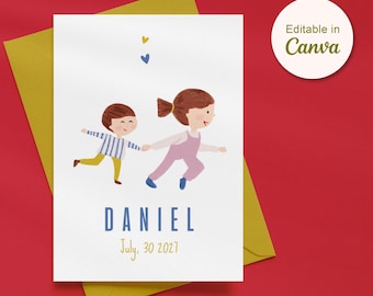 Plantilla editable de anuncio de nacimiento en Canva | Tarjeta de bebé minimalista | Ilustración de hermano y hermana | Tarjeta de nacimiento neutra | Descarga instantánea