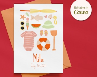 Plantilla editable para anuncio de nacimiento en Canva | Tarjeta minimalista para bebé | Ilustración veraniega | Tarjeta de nacimiento para niña en tonos neutros | Descarga instantánea