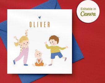 Plantilla editable de anuncio de nacimiento en Canva | Tarjeta de bebé minimalista | Hermano y hermana | Tarjeta de nacimiento neutra | Descarga instantánea