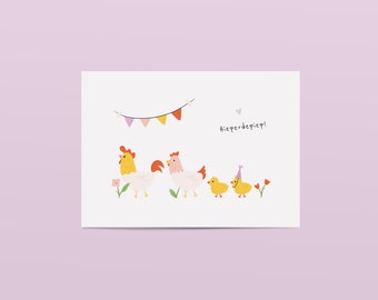 Pollos de tarjetas de felicitación | Felicitaciones postales | Tarjeta hip-hip | Ilustración dibujada a mano | pollitos | Felicitaciones