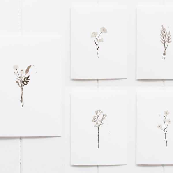Condoleancekaarten set van 5 dubbele blanco kaarten | Handgetekende kaartjes met illustraties van bloemen | Blanco rouwkaart | Kaartenset