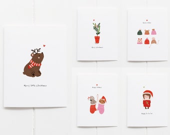 Christmas card set with 5 greeting cards and envelopes | Hand-drawn Christmas cards with illustrations