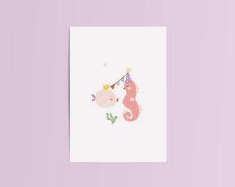 Tarjeta de felicitación con peces dibujados a mano | Postal en blanco | Entrada para una fiesta | Ilustración animales