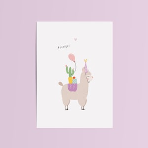 Wenskaart alpaca | Ansichtkaart gefeliciteerd | Kaartje feestje | Handgetekende illustratie | Felicitatie | Feest