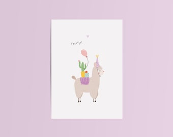 Tarjeta de felicitación alpaca | Felicitaciones postales | Tarjeta de fiesta | Ilustración dibujada a mano | Felicitaciones | Fiesta