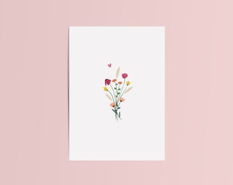 Wenskaart bos bloemen | Ansichtkaart blanco | Kaartje plukbloemen| Handgetekende illustratie | Felicitatie