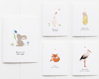 Set di biglietti d'auguri con 5 cartoline e buste | Biglietti di nascita disegnati a mano con illustrazioni